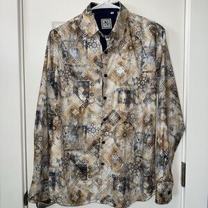Men Sports Shirt by DE-NIKO Long Sleeves Fashion Print Blue Brown Small